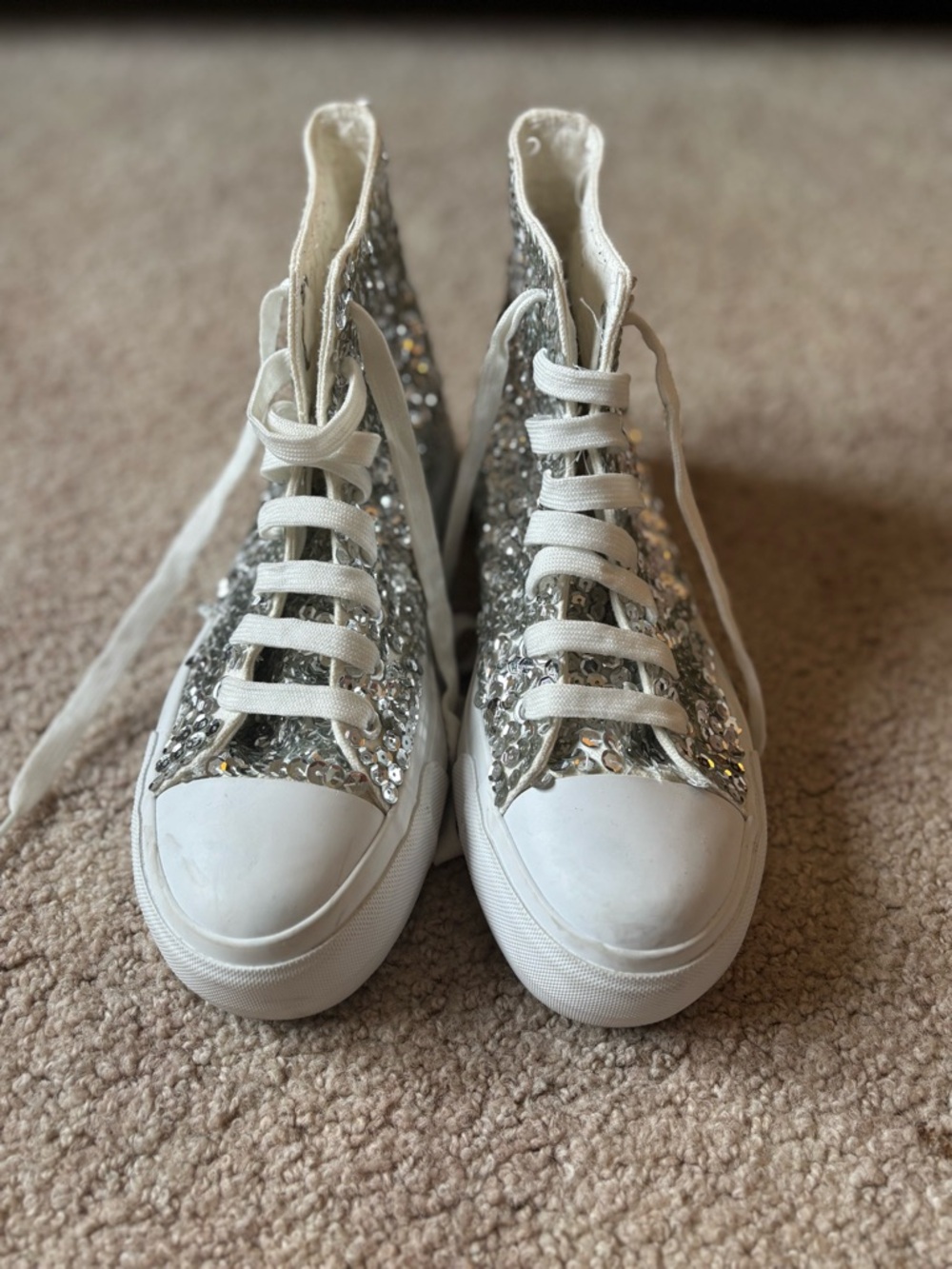 Sequin High-Top Sneakers in Silver and White